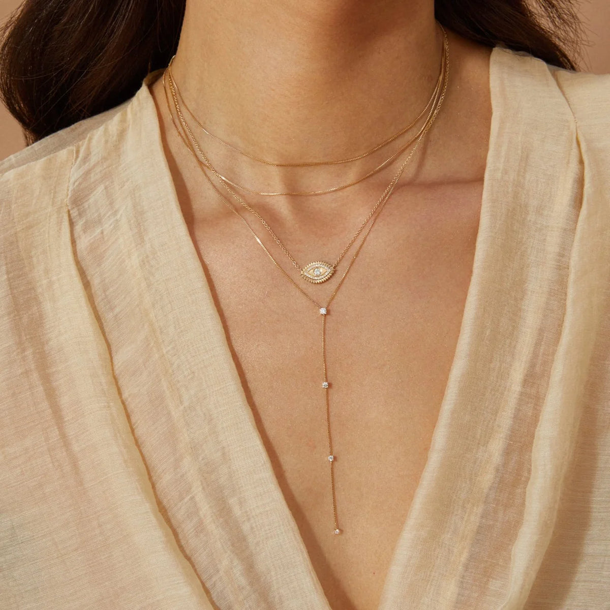 EF-Collection Diamond Callae Lariat Necklace in yellow gold styled on models neck