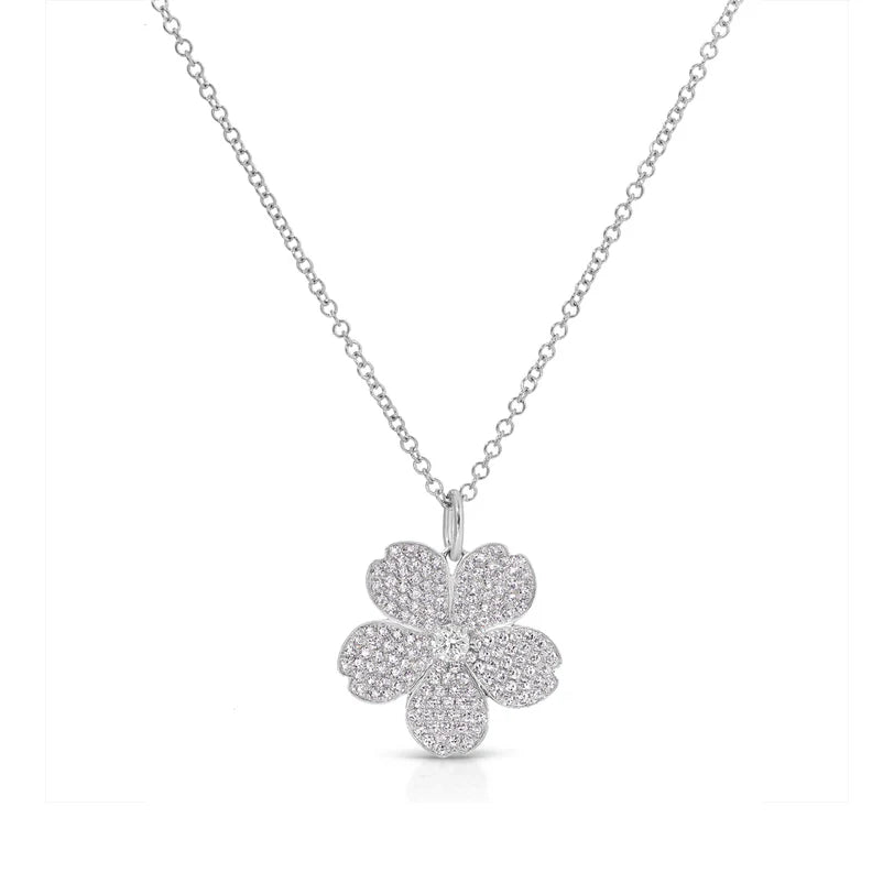 EF Collection Diamond Cherry Blossom Necklace in white gold on white background.