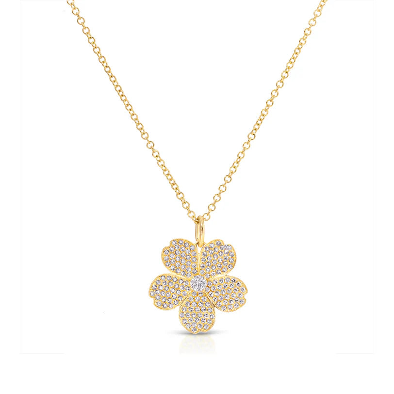 EF Collection Diamond Cherry Blossom Necklace in yellow gold on white background.