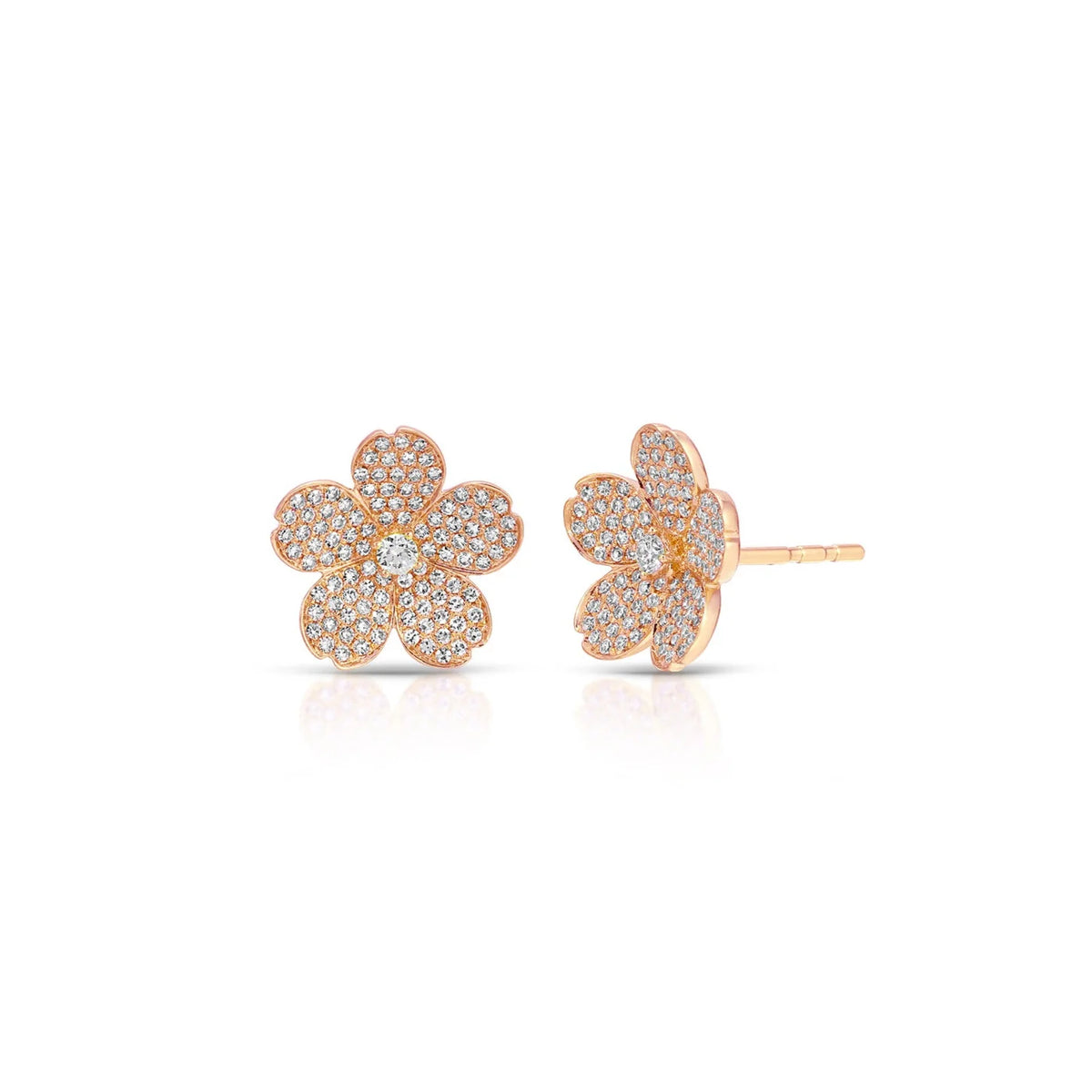 EF Collection Diamond Cherry Blossom Stud Earrings in rose gold on white background.
