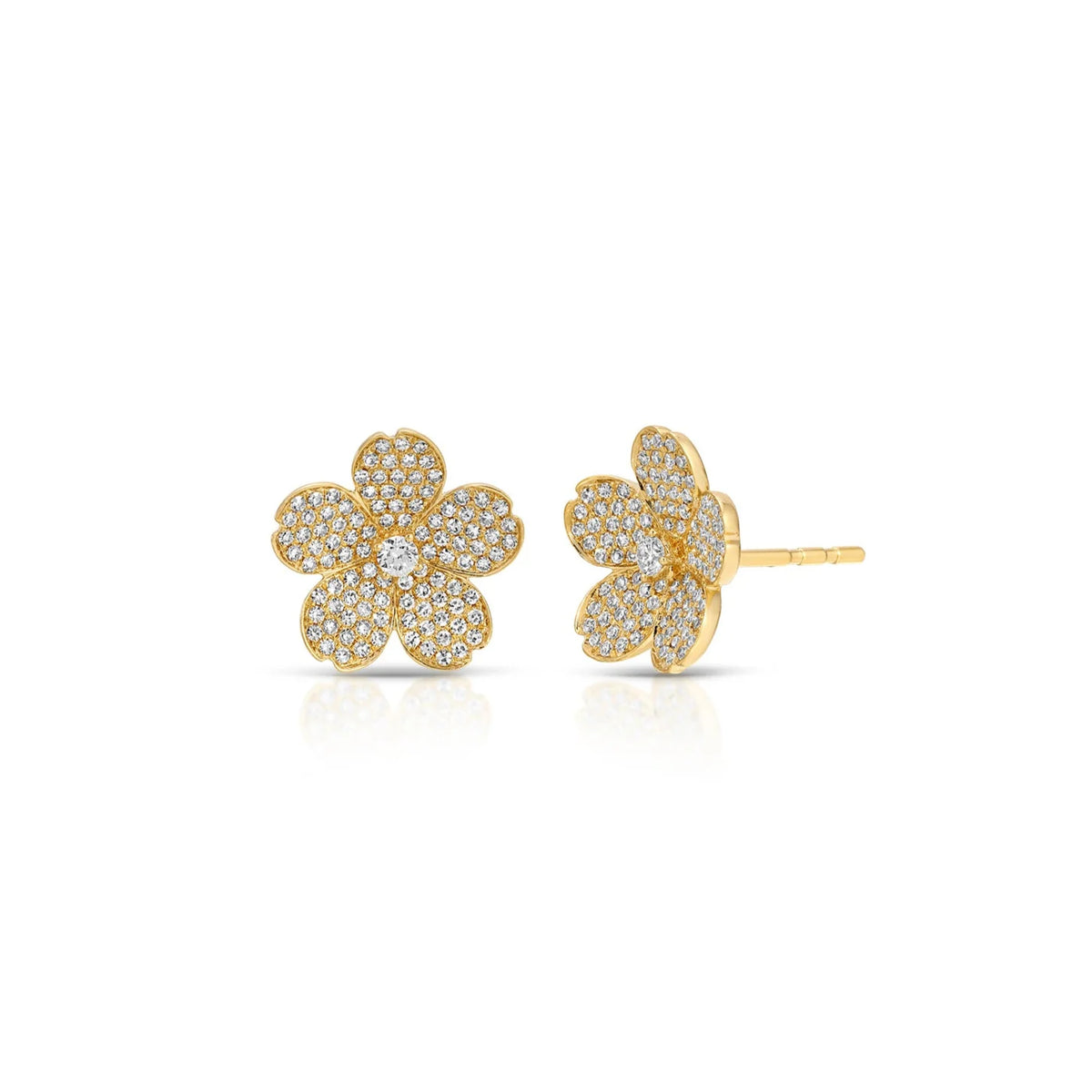EF Collection Diamond Cherry Blossom Stud Earrings in yellow gold on white background.