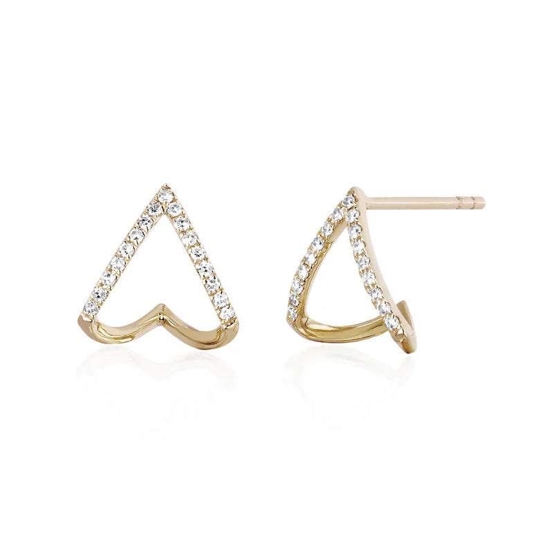 EF Collection Diamond Chevron Huggie Earrings in yellow gold on white background.