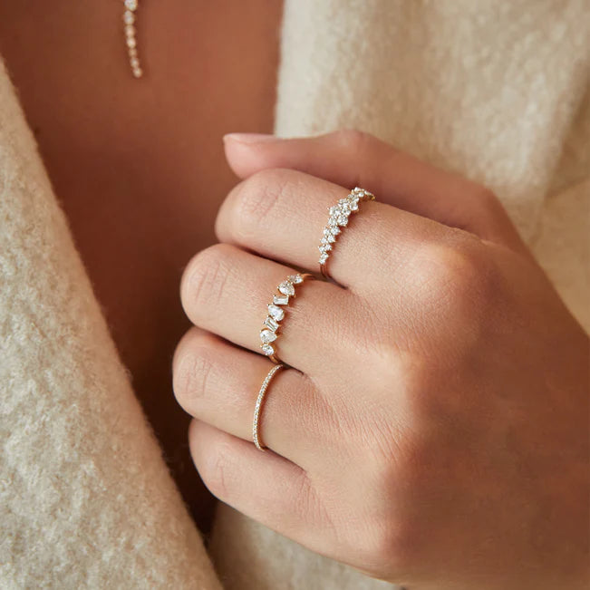 EF Collection Diamond Cluster Ring in yellow gold on model’s finger with multi stone diamond ring.