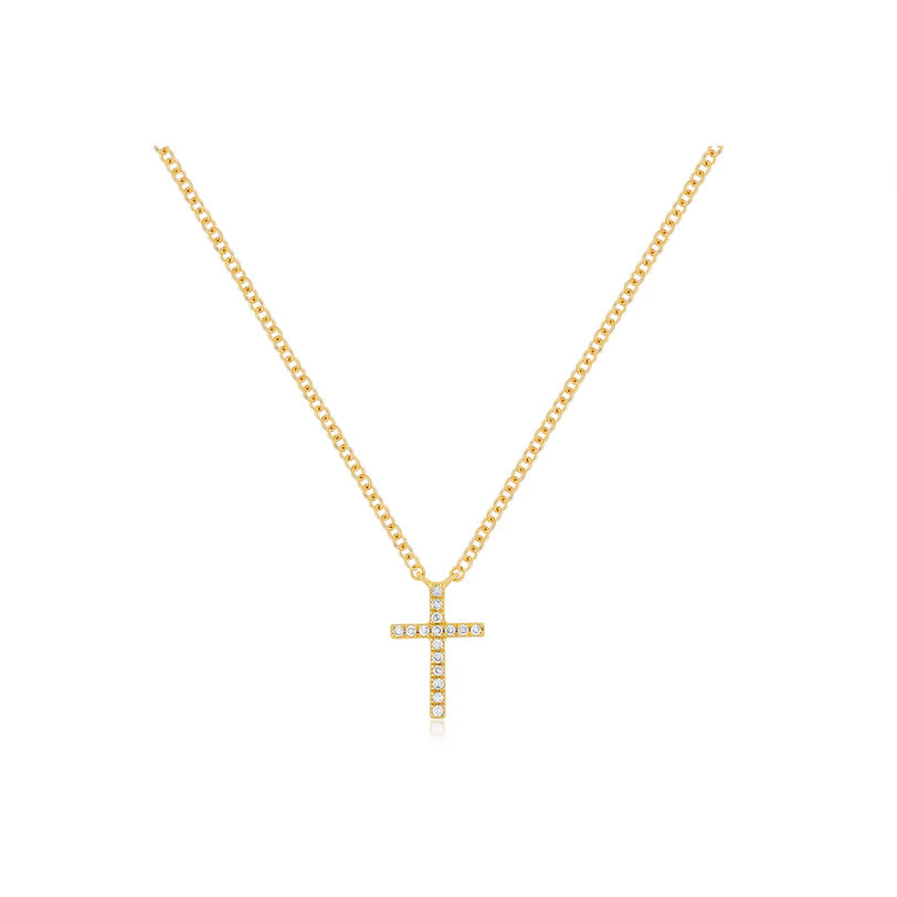 EF Collection Diamond Cross Necklace in yellow gold on white background.
