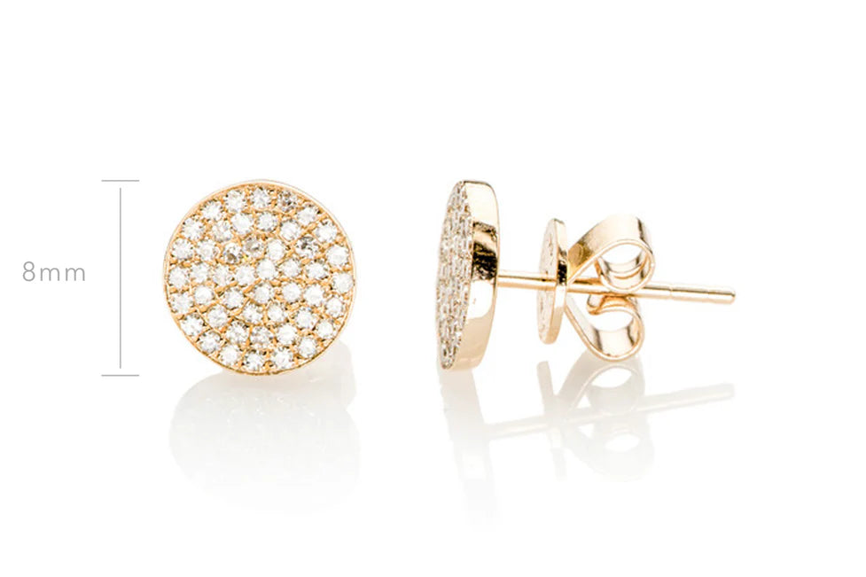 EF Collection Diamond Disc Stud Earrings in yellow gold on white background with dimensions