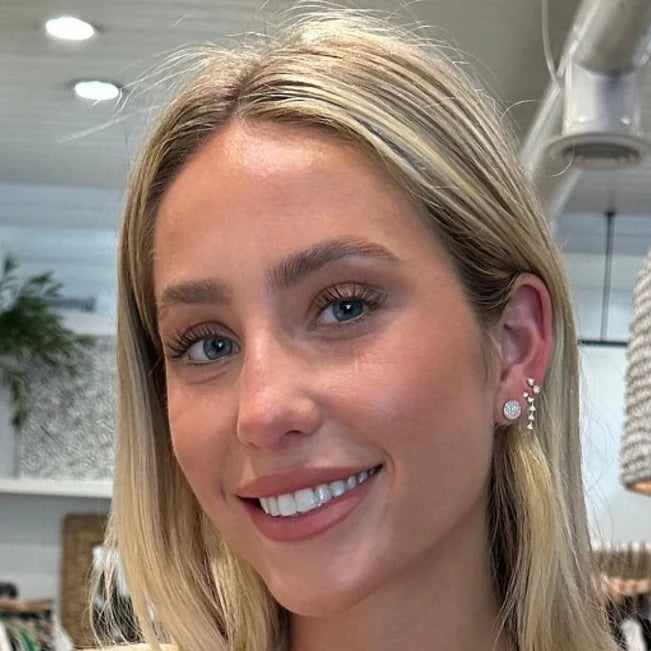 EF Collection Diamond Disc Stud Earrings in yellow gold on models Alix Earle ear.