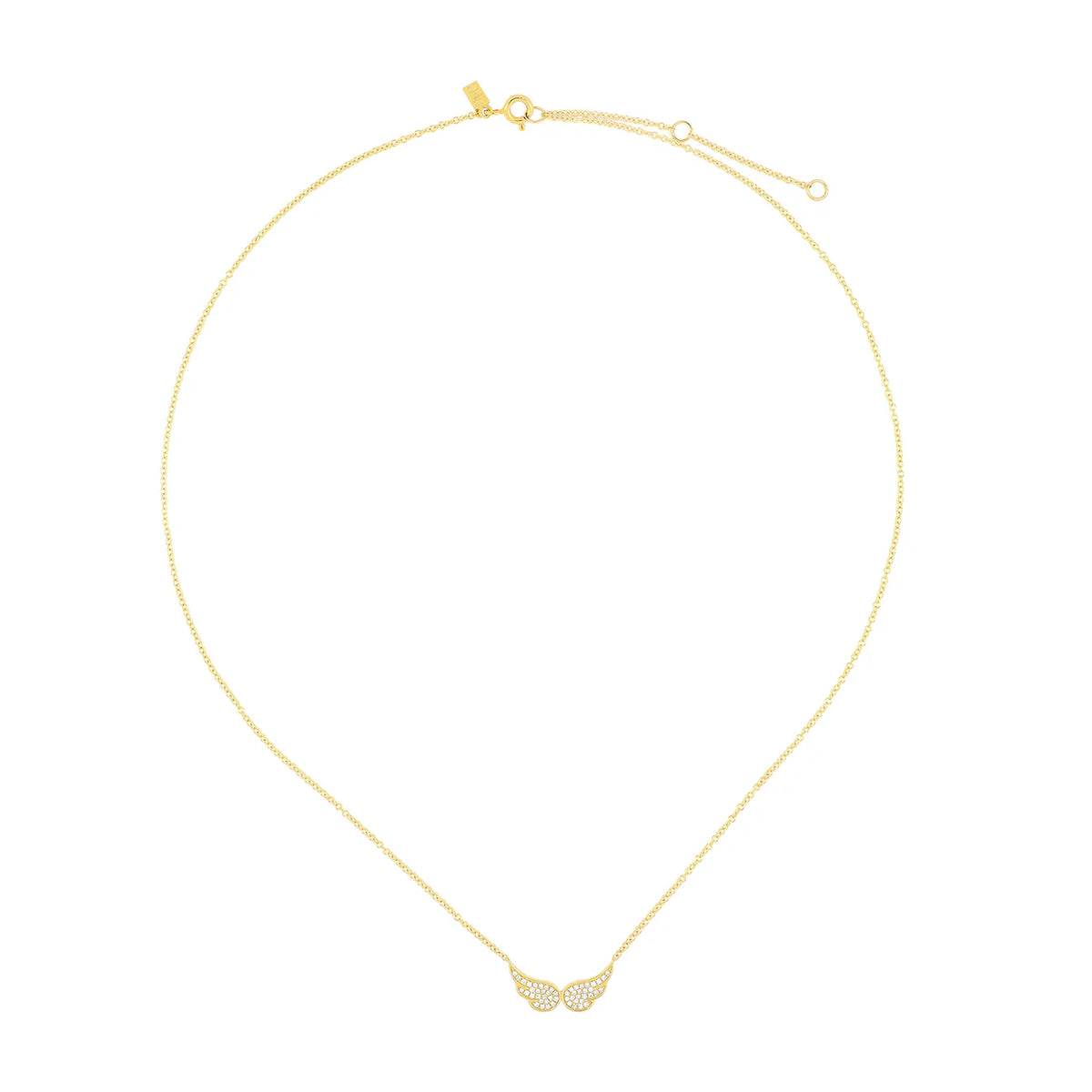 Full shot of EF-Collection Diamond Double Angel Wing Necklace in yellow gold on white background
