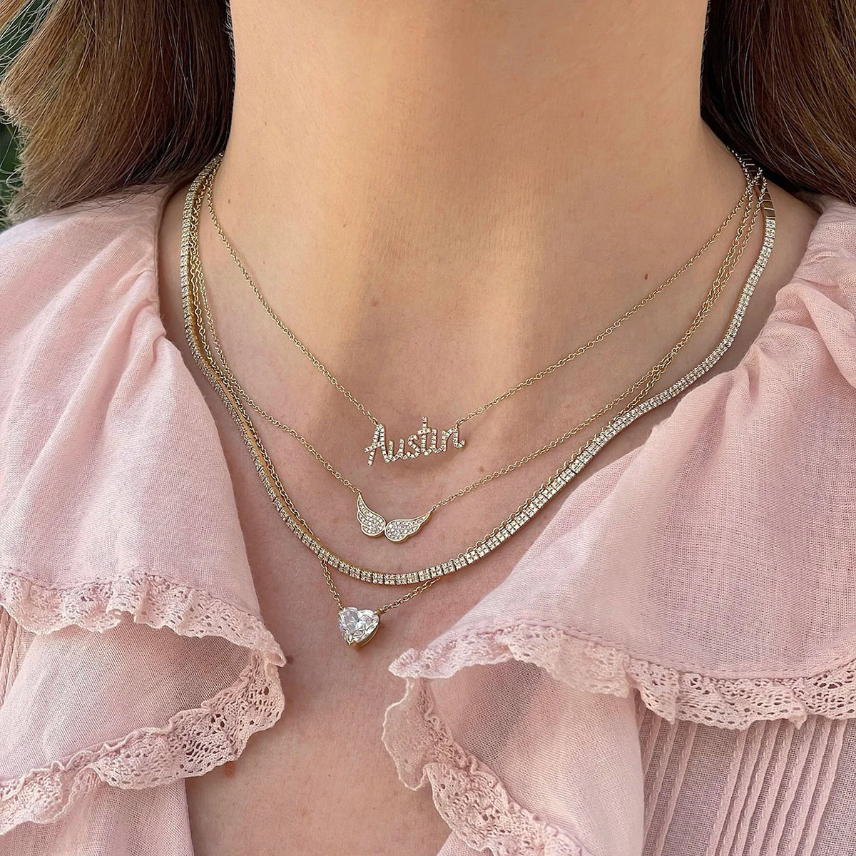 EF-Collection Diamond Double Angel Wing Necklace in yellow gold styled on models neck