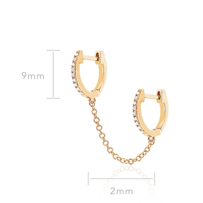 EF-Collection Diamond Double Mini Huggie Chain Earring in yellow gold on white background with dimensions.