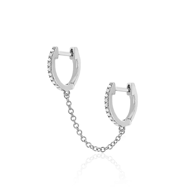 EF-Collection Diamond Double Mini Huggie Chain Earring in white gold on white background.