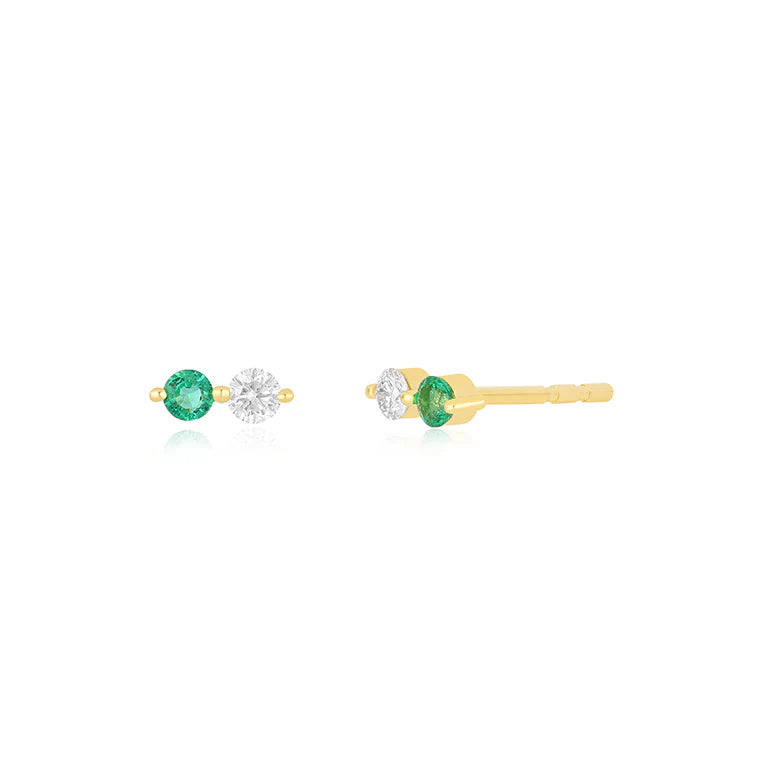 EF Collection Diamond & Emerald Double Stud Earring in yellow gold in white background.