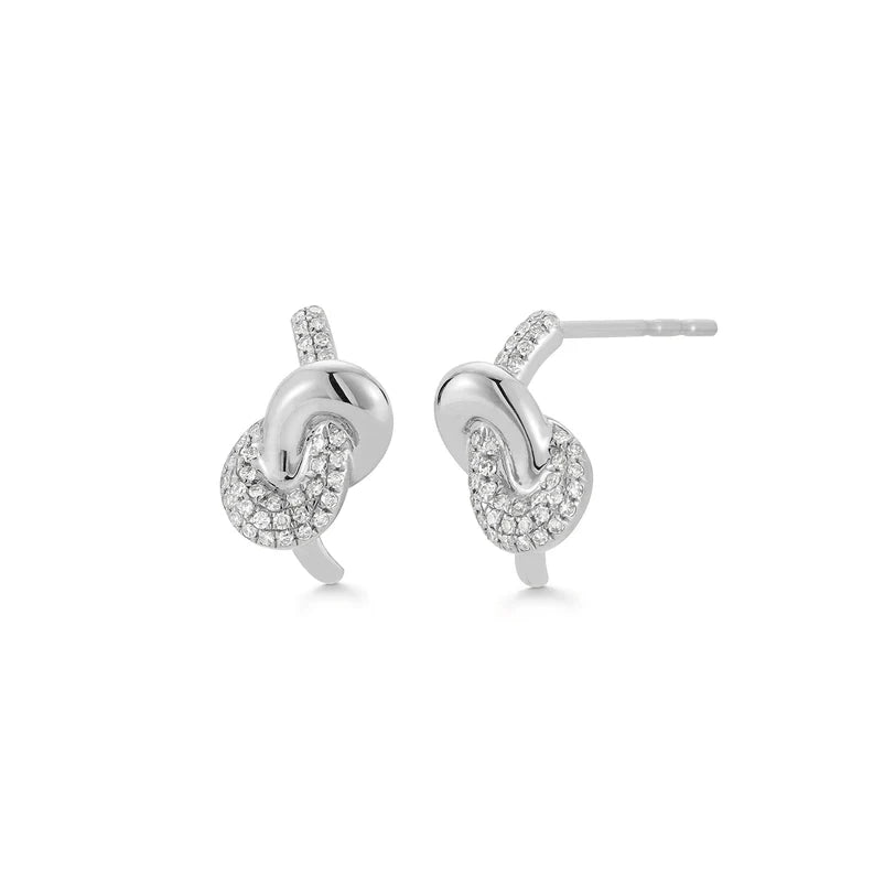 EF Collection Diamond & Gold Love Knot Stud Earrings in white gold on white background.