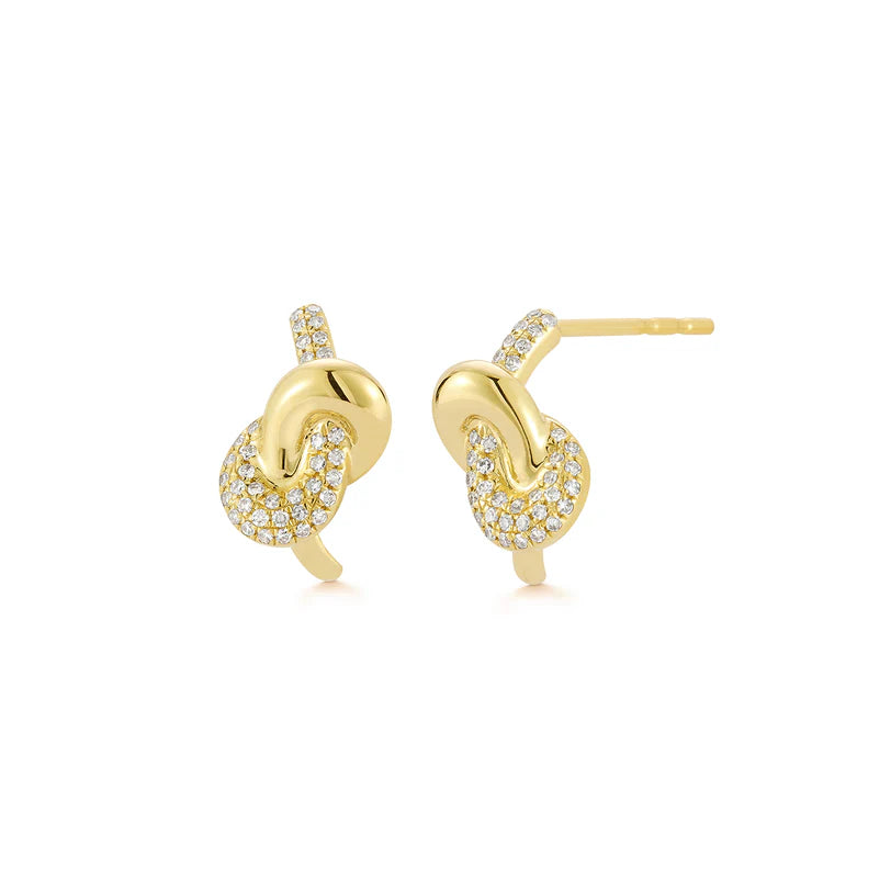 EF Collection Diamond & Gold Love Knot Stud Earrings in yellow gold on white background.