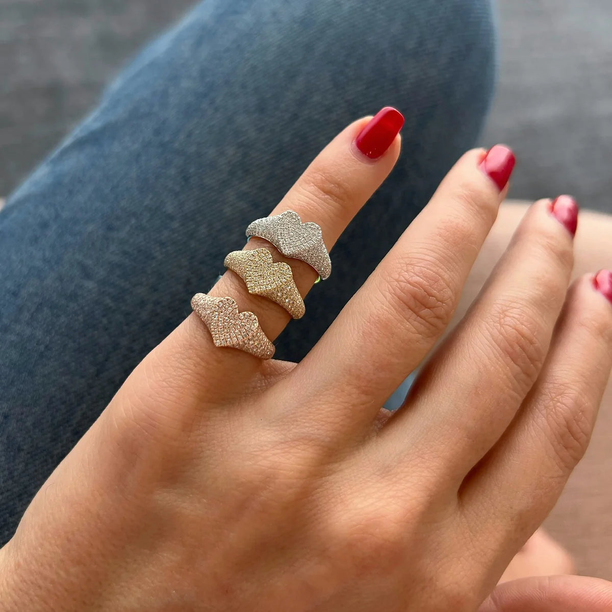 EF-Collection Diamond Heart Signet Ring in yellow, white, and rose gold on models finger