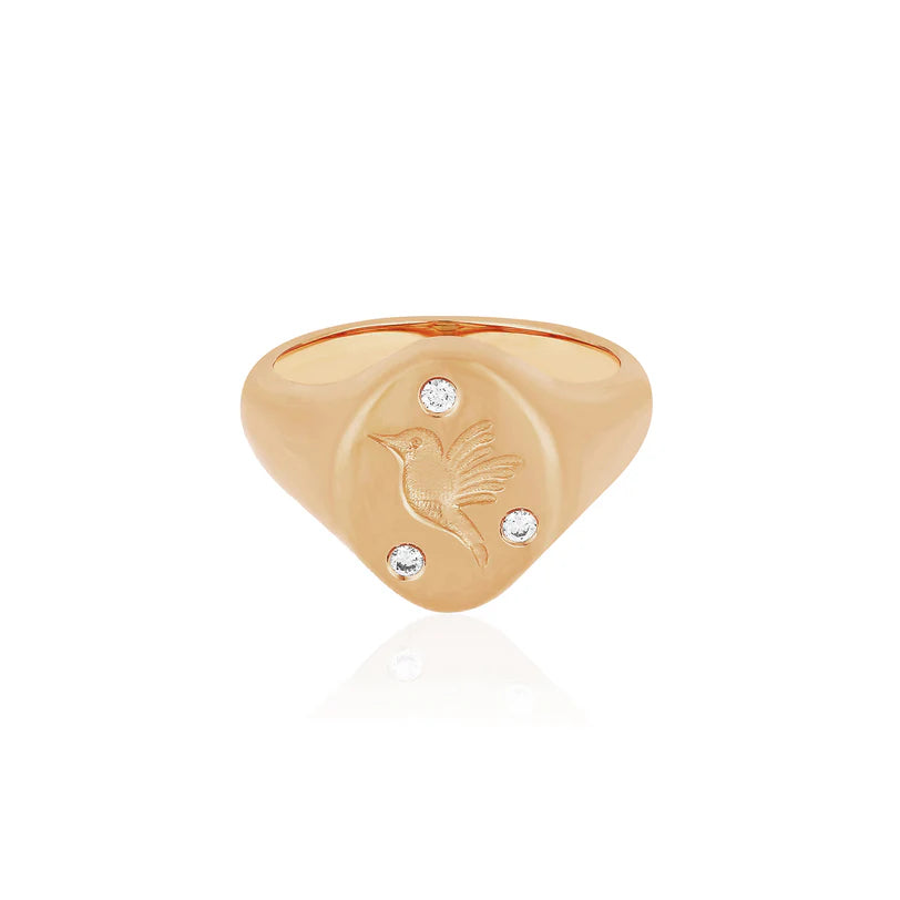 EF Collection Diamond Hummingbird Signet Ring in rose gold on white background.