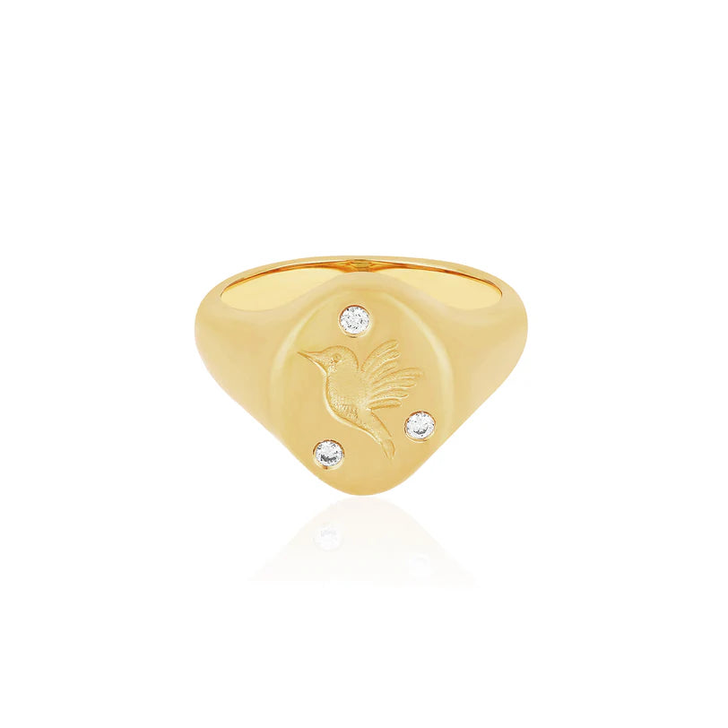 EF CollectionDiamond Hummingbird Signet Ring in yellow gold on white background.
