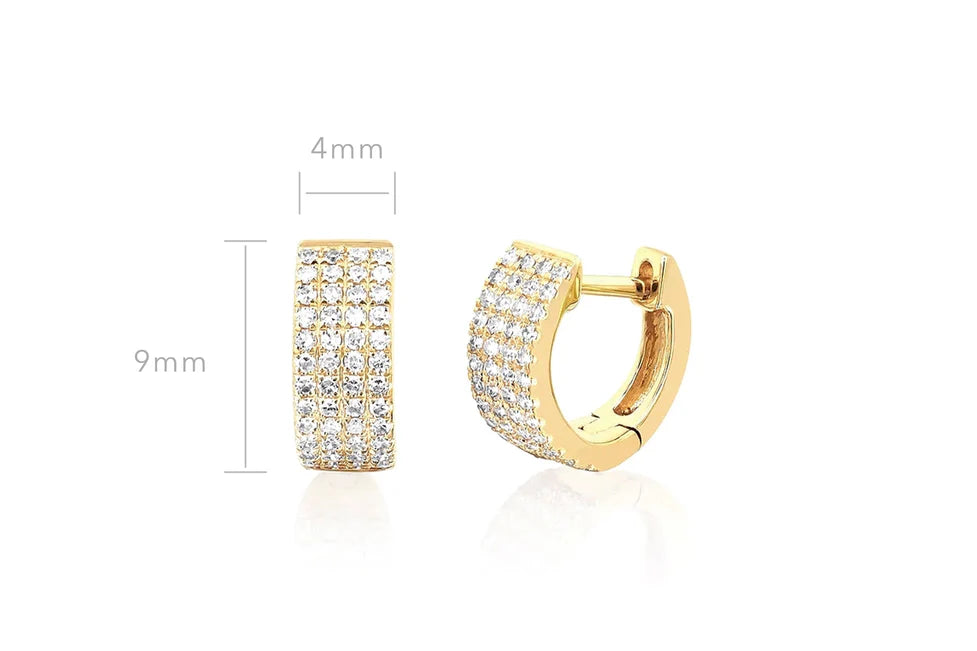 EF-Collection Diamond Jumbo Huggie Earrings in yellow gold on white background with dimensions.