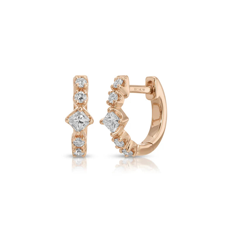 EF Collection Diamond Kate Mini Huggie Earrings in rose gold on white background.