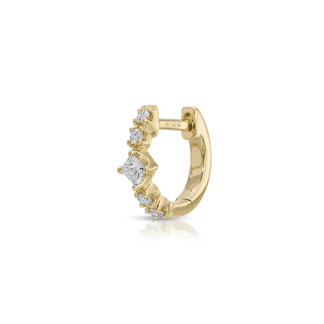 Single EF Collection Diamond Kate Mini Huggie Earrings in yellow gold on white background.