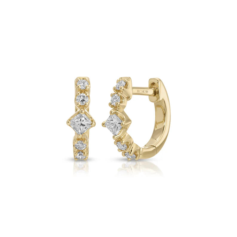 EF Collection Diamond Kate Mini Huggie Earrings in yellow gold on white background.