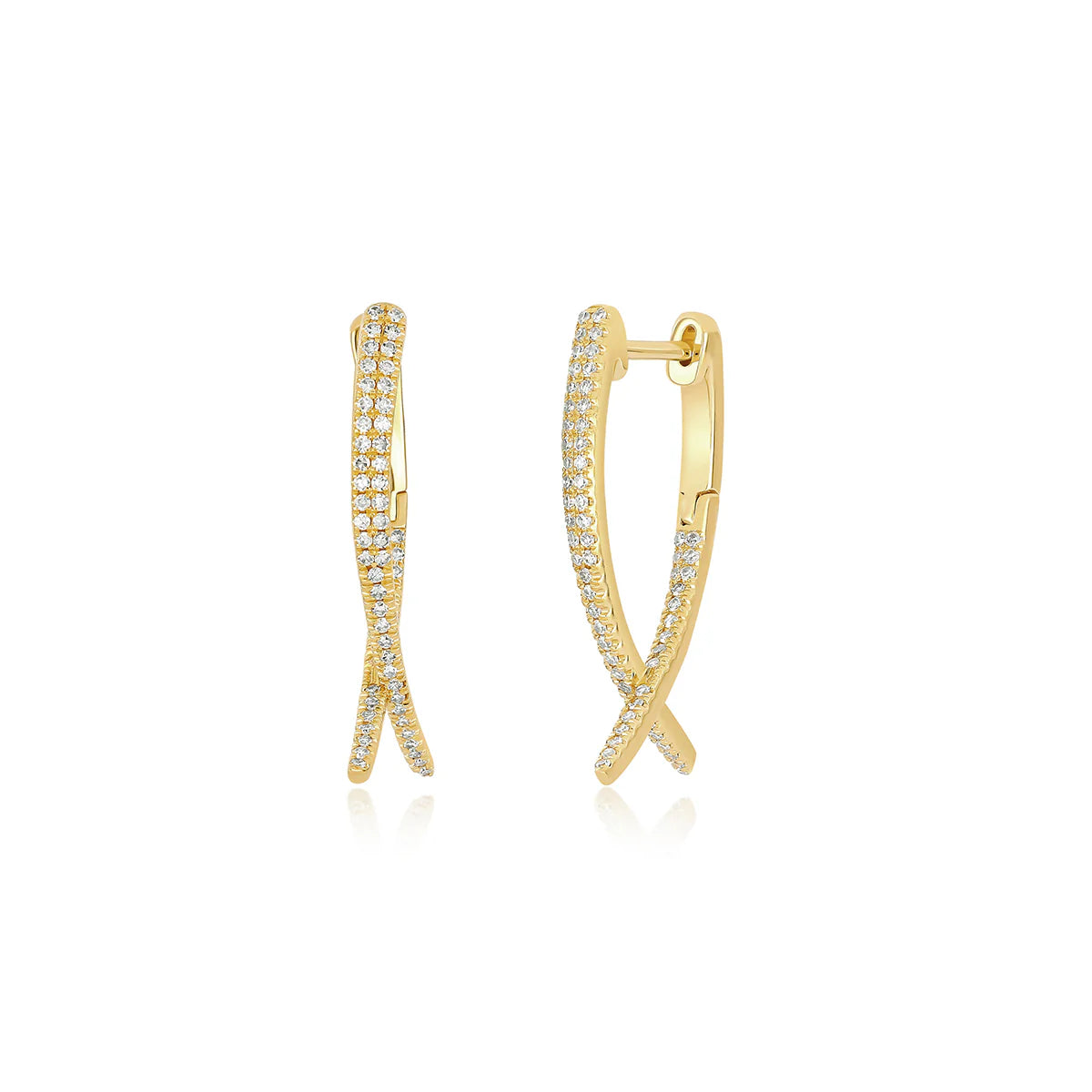 EF-Collection Diamond Loop Hoop Earring in yellow gold on white background