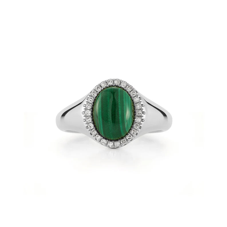EF Collection Diamond & Malachite Cabochon Signet Ring in white gold on white background.