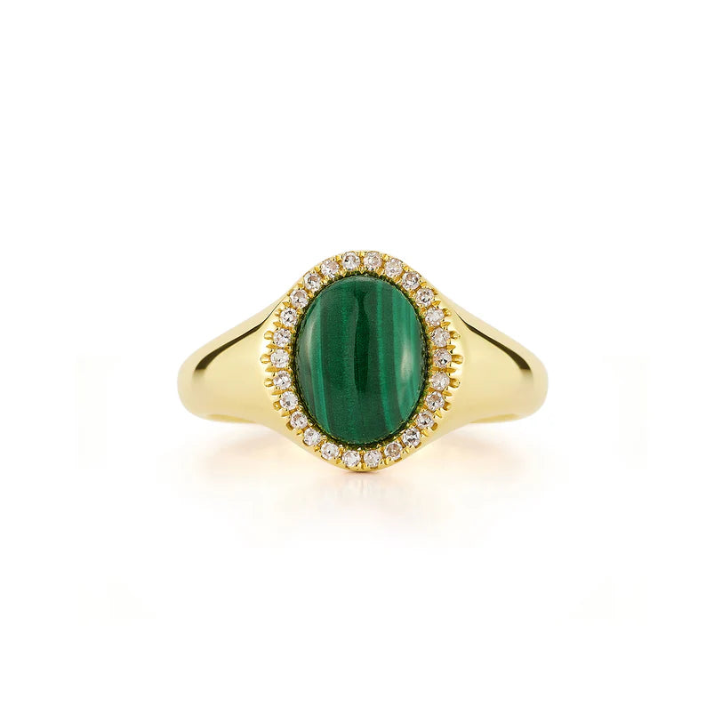 EF Collection Diamond & Malachite Cabochon Signet Ring in yellow gold on white background.