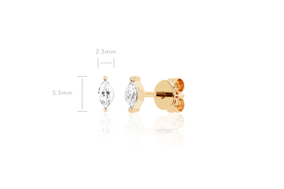 EF Collection Diamond Marquise Stud Earring in yellow gold on white background with dimensions.