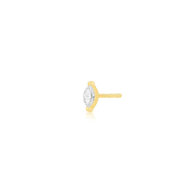 Single EF Collection Diamond Marquise Stud Earring in yellow gold on white background.