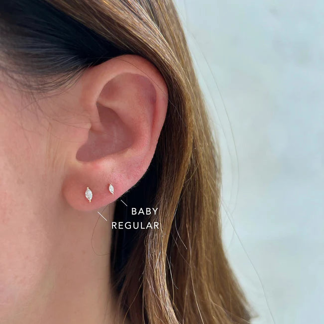 EF Collection Diamond Marquise Stud Earring in yellow gold on models ear comparing sizes.