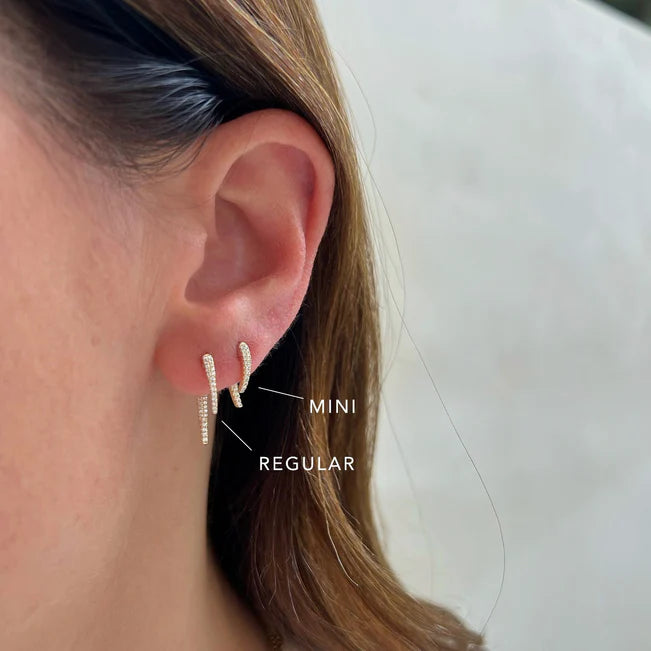EF Collection Diamond Mini Hook Earring in models ear comparing the regular diamond hook earring.