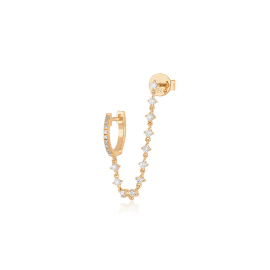 EF-Collection Diamond Mini Huggie & Prong Set Chain Stud Earrings in rose gold on white background