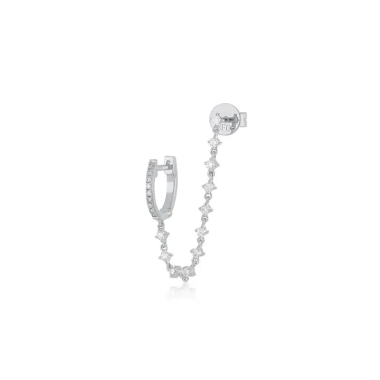 EF-Collection Diamond Mini Huggie & Prong Set Chain Stud Earrings in white gold on white background