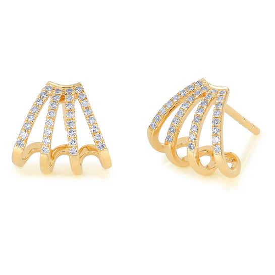 EF-Collection Diamond Multi Huggie Earrings in yellow gold on white background