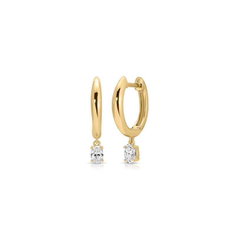 EF Collection Diamond Oval Drop Gold Dome Huggie Earring in yellow gold on white background.