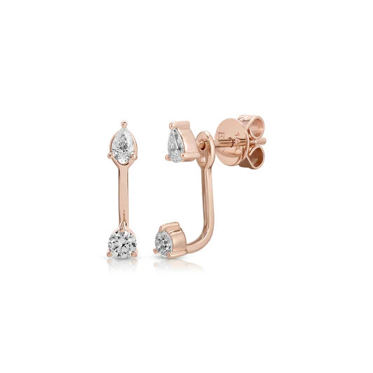 EF-Collection Diamond Pear and Round Illusion Stud Earrings in rose gold on white background