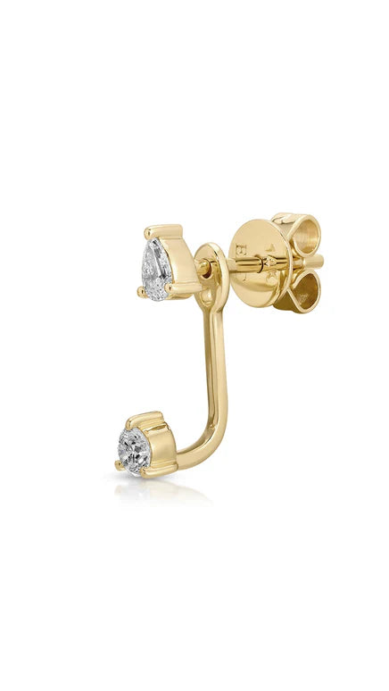 Single EF-Collection Diamond Pear and Round Illusion Stud Earrings in yellow gold on white background