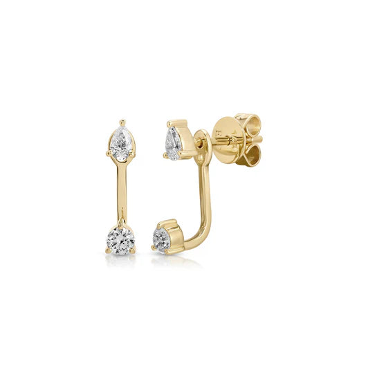 EF-Collection Diamond Pear and Round Illusion Stud Earrings in yellow gold on white background