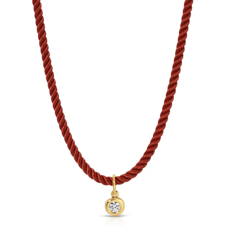 EF Collection Diamond Pillow Cord Necklace In Rhubarb in yellow gold on white background.