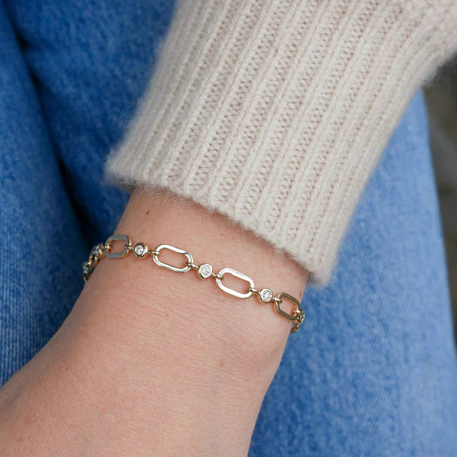 EF Collection Diamond Pillow Jumbo Link Chain Bracelet in yellow gold styled on models wrist