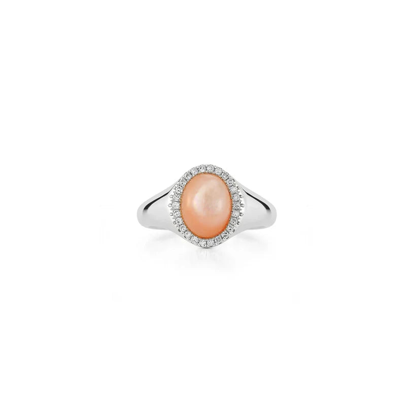 EF Collection Diamond & Pink Mother Of Pearl Cabochon Signet Ring in white gold on white background.