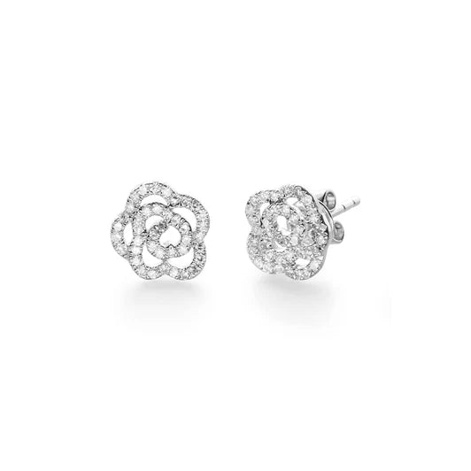 EF-Collection Diamond Rose Stud Earring in white gold on white background