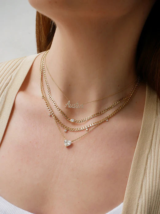EF Collection Diamond Sari Necklace in yellow gold layered on models neck.