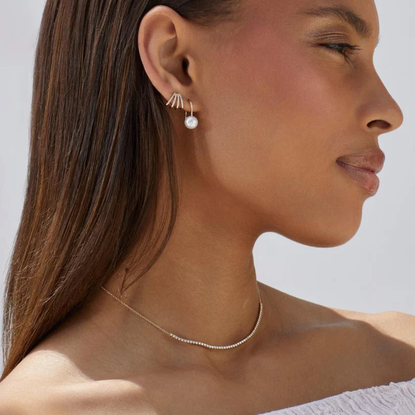 Single EF Collection Diamond Segment Necklace in yellow gold on models neck