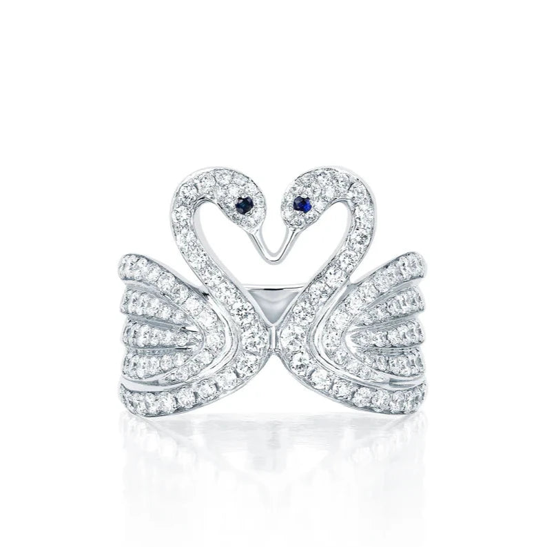 EF-Collection Diamond Swan Ring in white gold on white background
