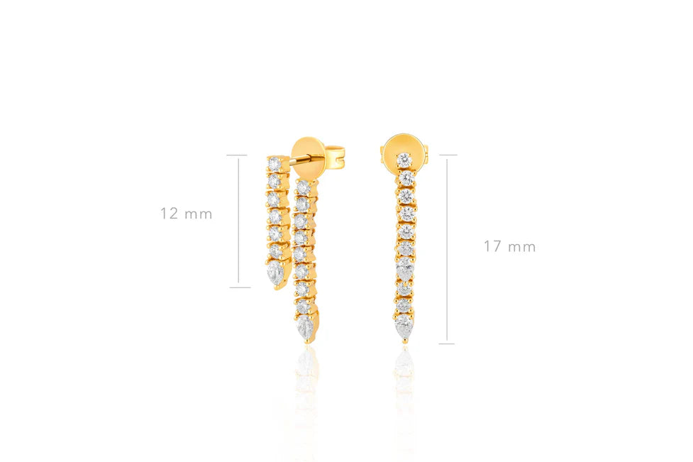 EF-Collection Diamond Teardrop Fringe Earring in yellow gold displayed on white background with dimensions.