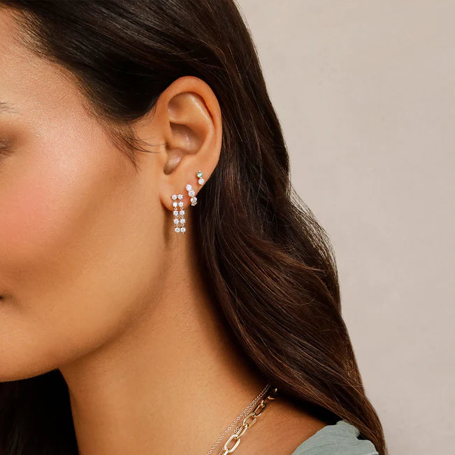 EF Collection Double Multi Diamond Chain Stud Earring in white gold styled on models ear.