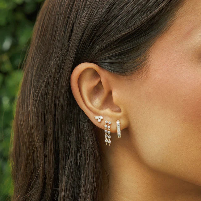 EF Collection Double Multi Diamond Chain Stud Earring in yellow gold styled on models ear.