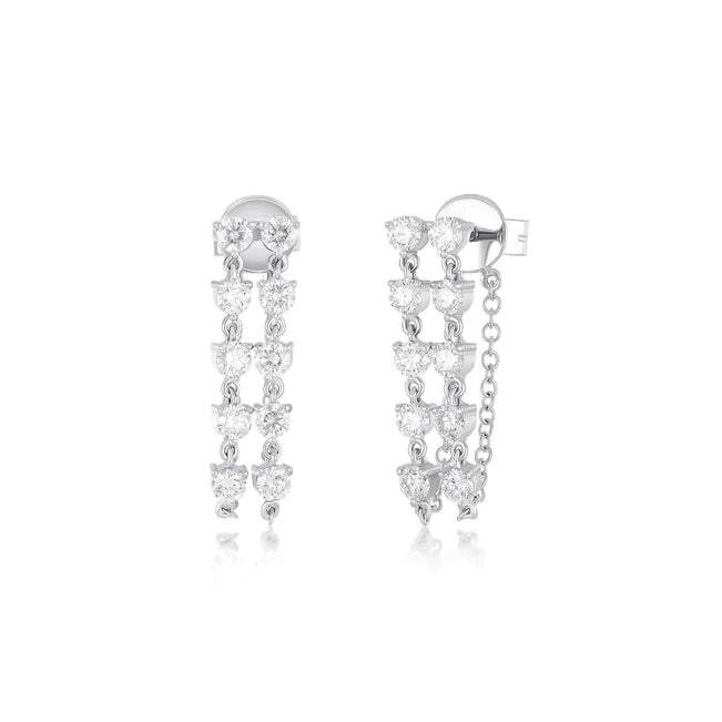 EF Collection Double Multi Diamond Chain Stud Earring in white gold on white background.