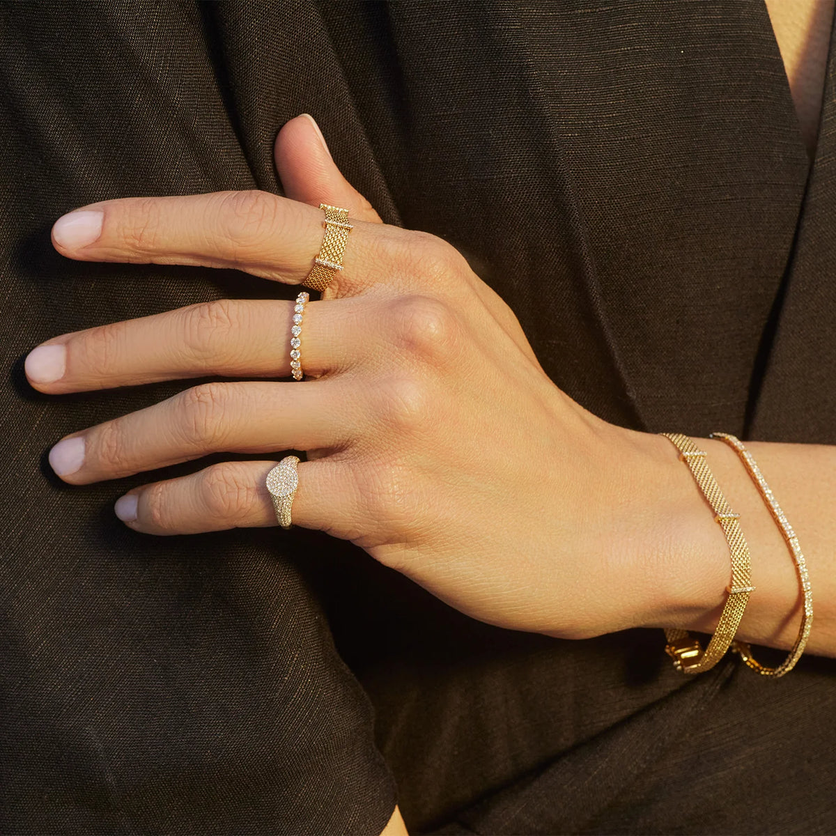 EF-Collection Double Row Diamond Tennis Bracelet in yellow gold on models wrist showing diamond rings